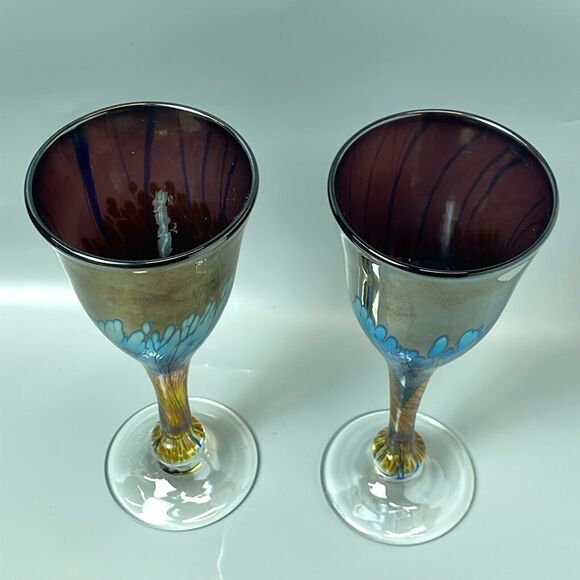 JIM BUSH Art Glass Hand Blown Iridescent Champagne Flutes PAIR 2014 - Picture 2 of 8
